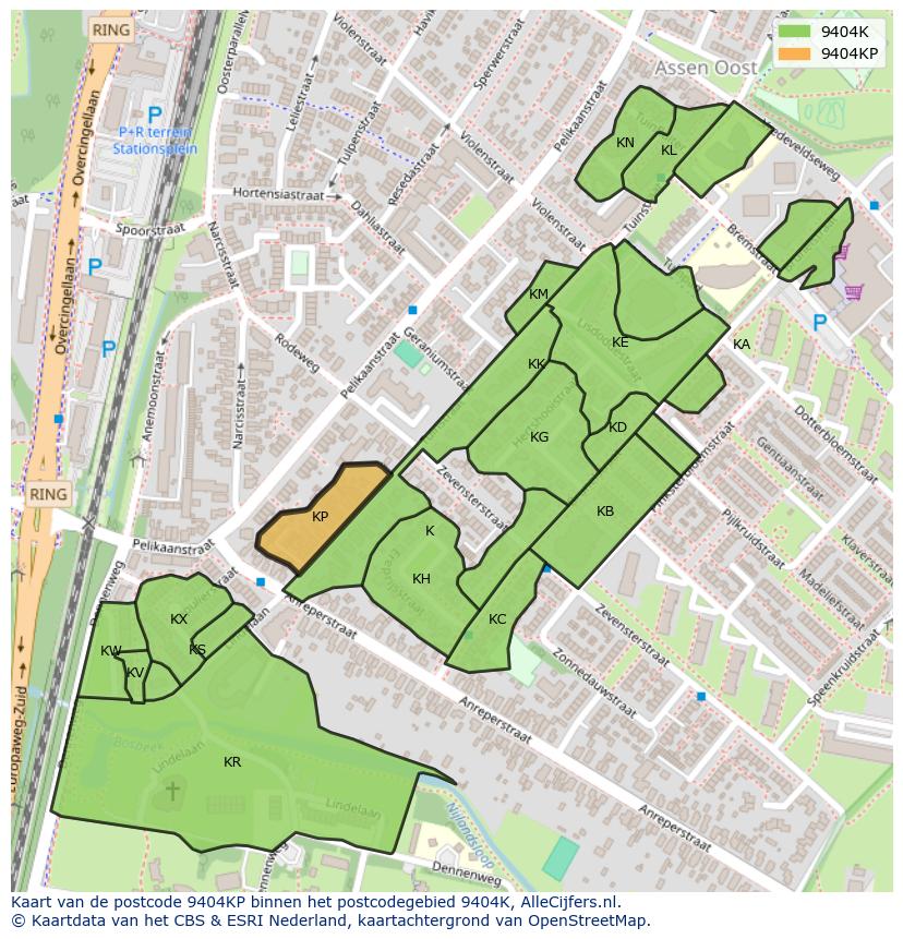 Afbeelding van het postcodegebied 9404 KP op de kaart.