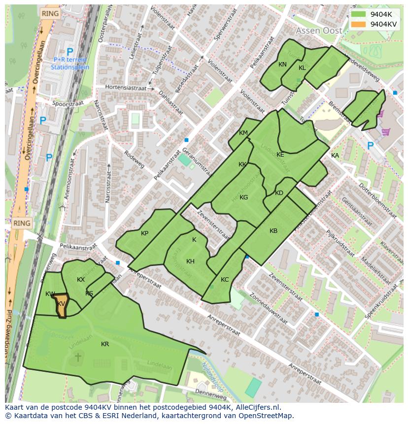 Afbeelding van het postcodegebied 9404 KV op de kaart.