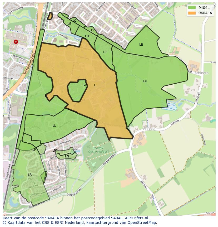 Afbeelding van het postcodegebied 9404 LA op de kaart.