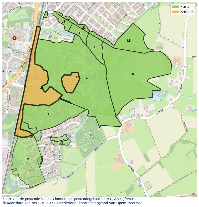 Afbeelding van het postcodegebied 9404 LB op de kaart.