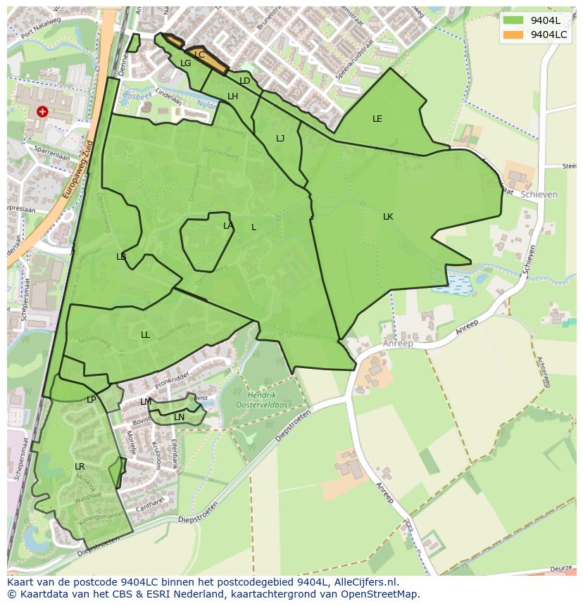 Afbeelding van het postcodegebied 9404 LC op de kaart.