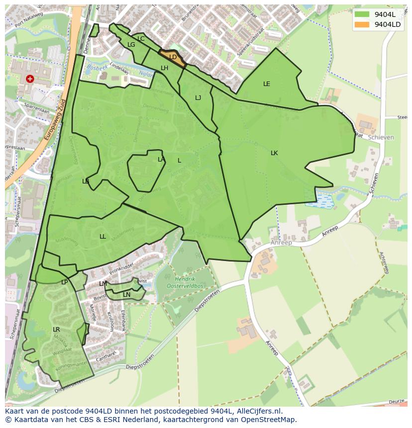 Afbeelding van het postcodegebied 9404 LD op de kaart.
