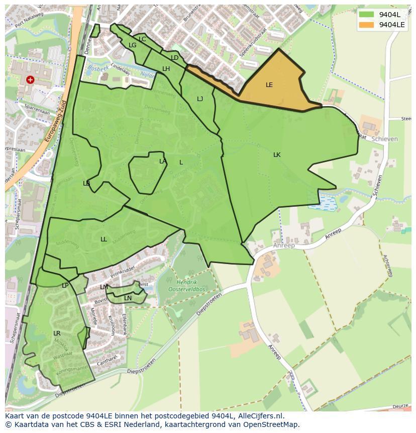 Afbeelding van het postcodegebied 9404 LE op de kaart.