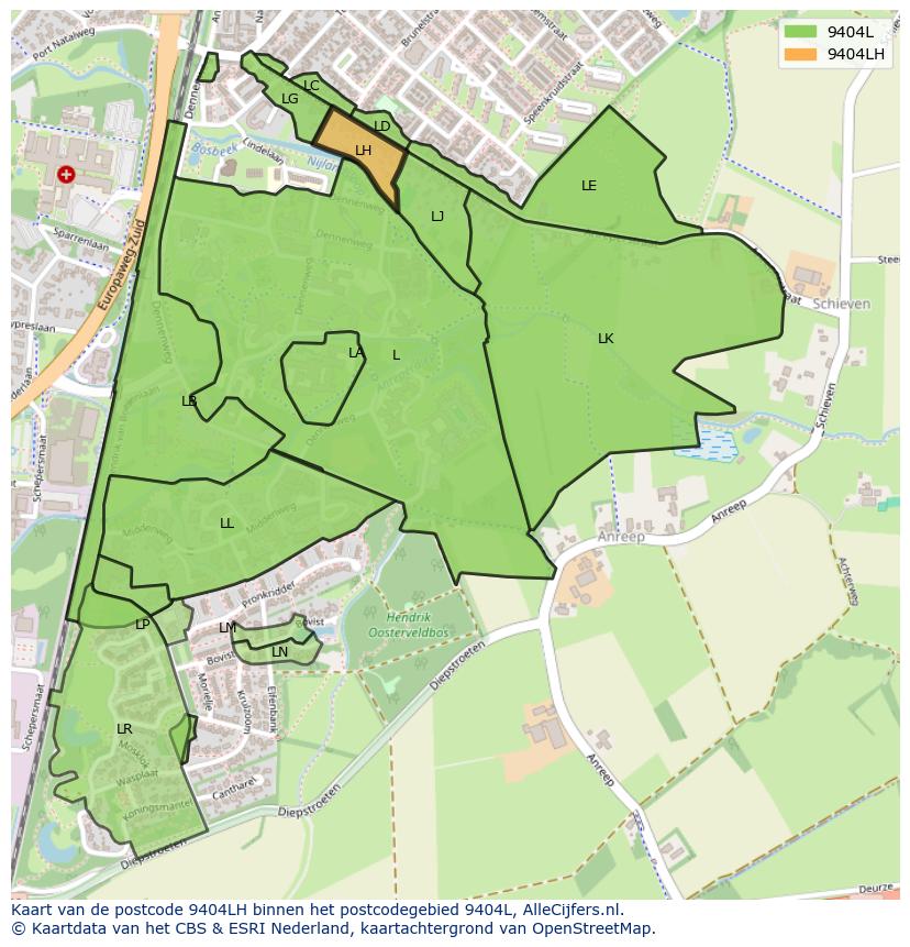 Afbeelding van het postcodegebied 9404 LH op de kaart.