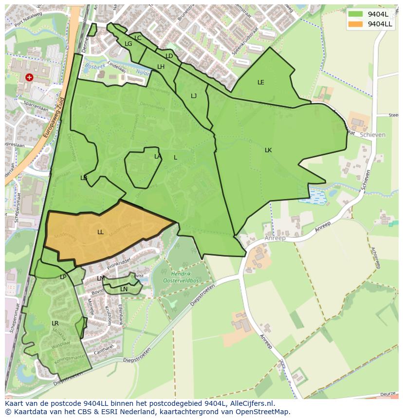 Afbeelding van het postcodegebied 9404 LL op de kaart.