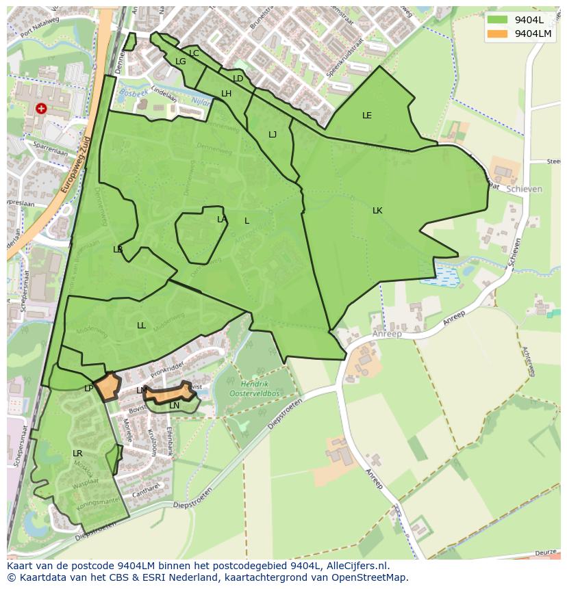 Afbeelding van het postcodegebied 9404 LM op de kaart.