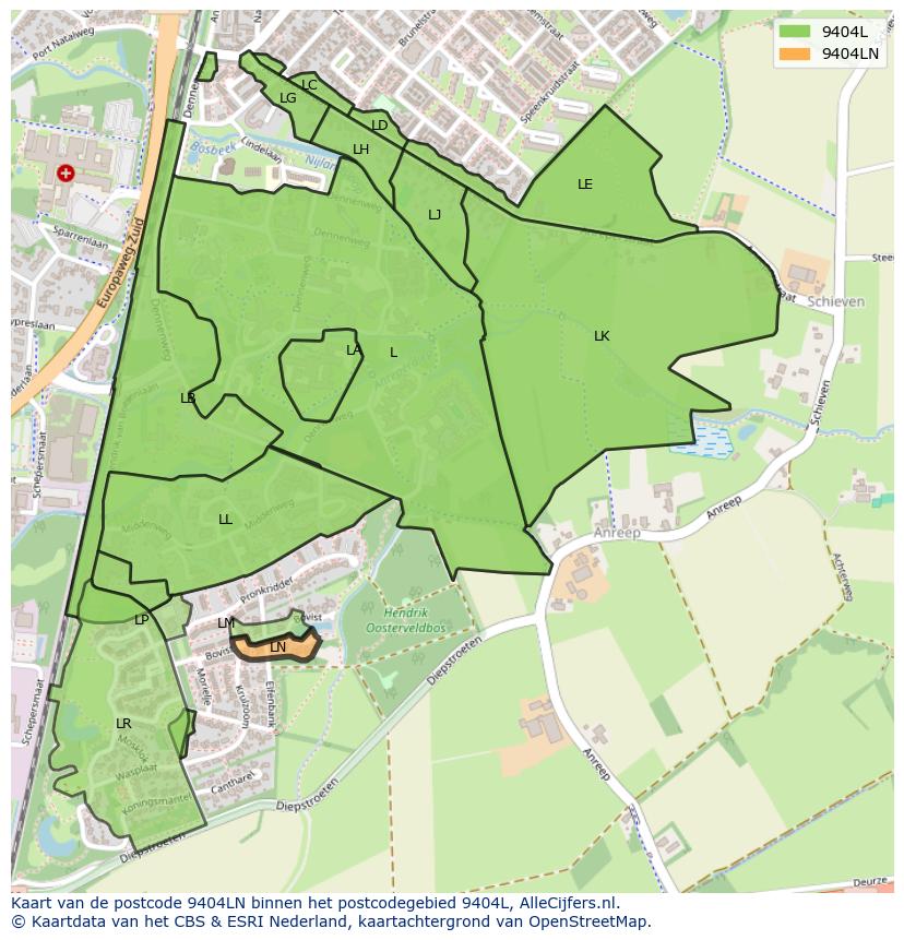 Afbeelding van het postcodegebied 9404 LN op de kaart.