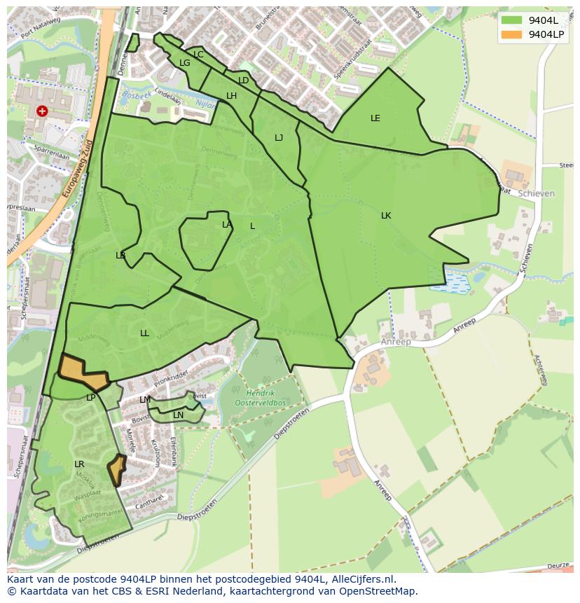 Afbeelding van het postcodegebied 9404 LP op de kaart.