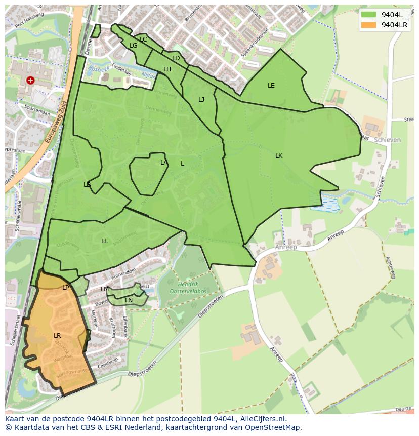 Afbeelding van het postcodegebied 9404 LR op de kaart.