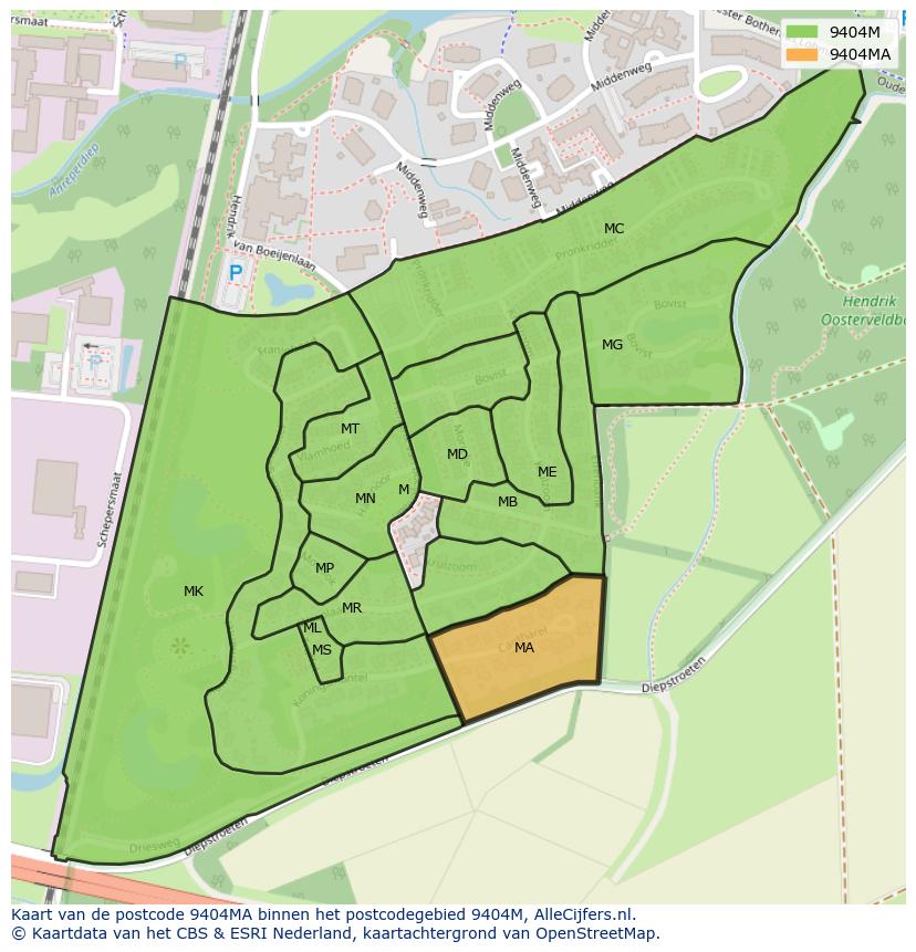 Afbeelding van het postcodegebied 9404 MA op de kaart.