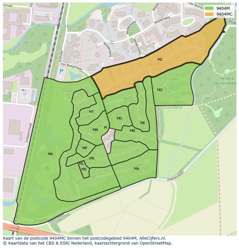 Afbeelding van het postcodegebied 9404 MC op de kaart.