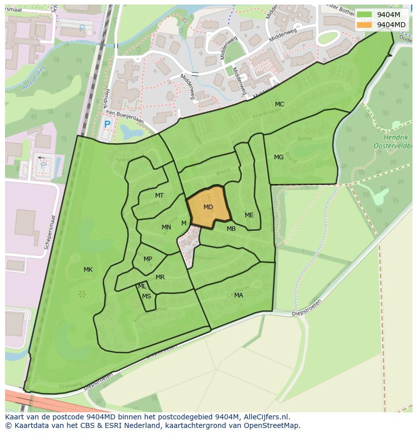 Afbeelding van het postcodegebied 9404 MD op de kaart.