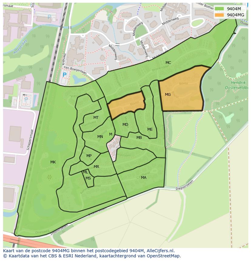 Afbeelding van het postcodegebied 9404 MG op de kaart.
