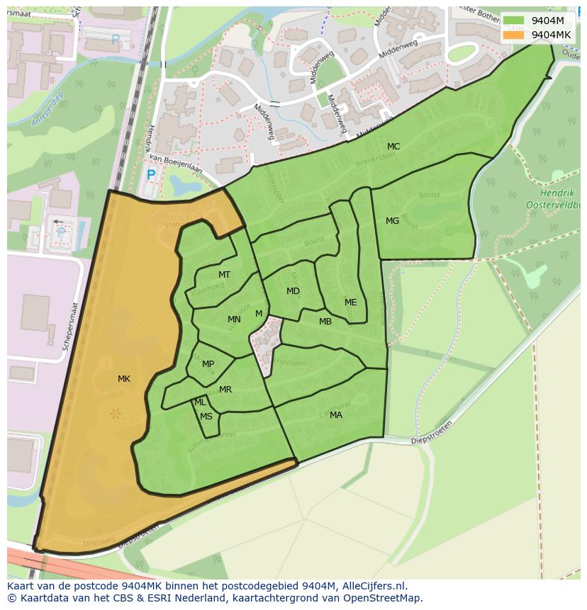 Afbeelding van het postcodegebied 9404 MK op de kaart.