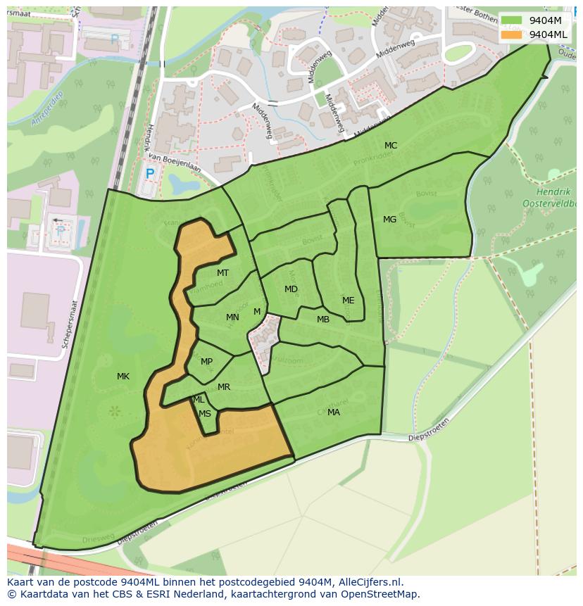 Afbeelding van het postcodegebied 9404 ML op de kaart.