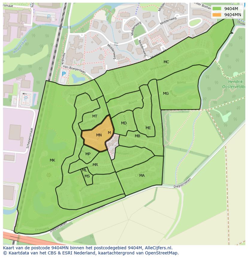 Afbeelding van het postcodegebied 9404 MN op de kaart.