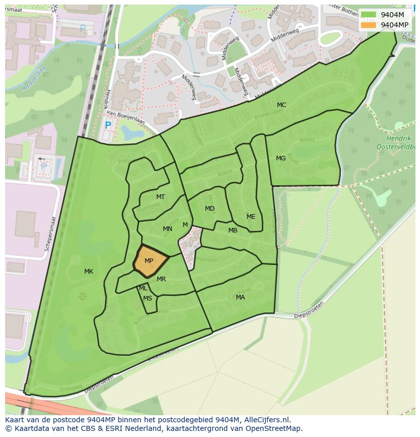 Afbeelding van het postcodegebied 9404 MP op de kaart.