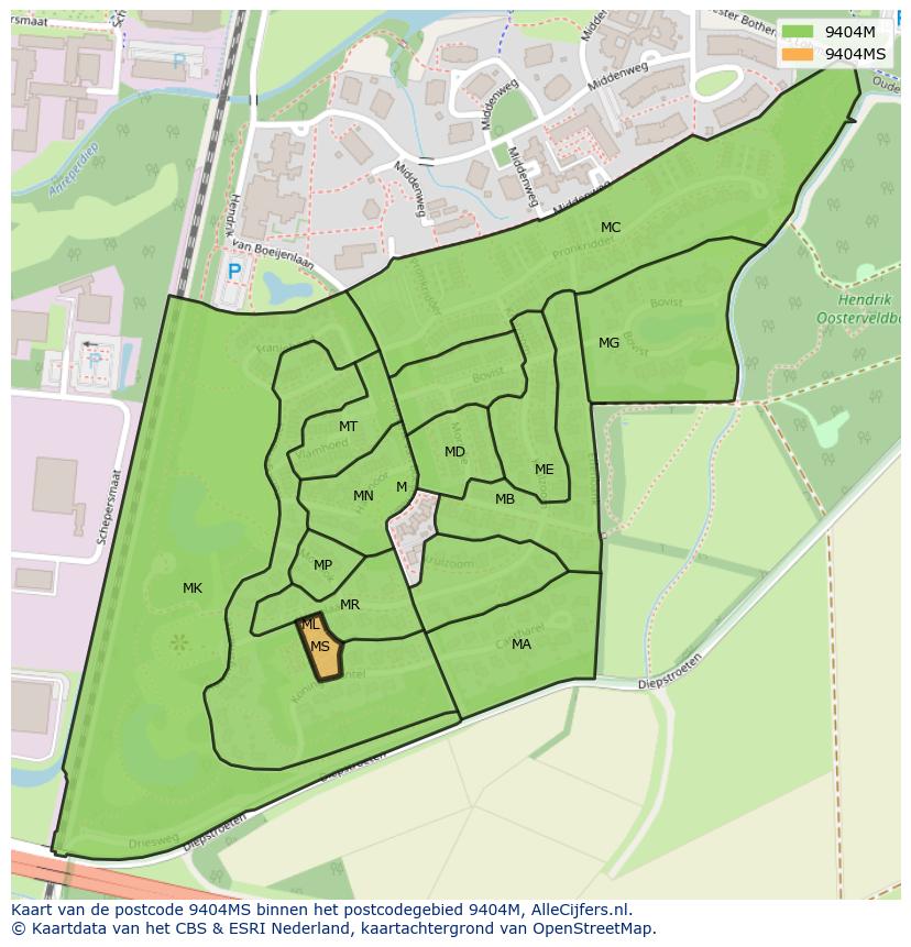 Afbeelding van het postcodegebied 9404 MS op de kaart.