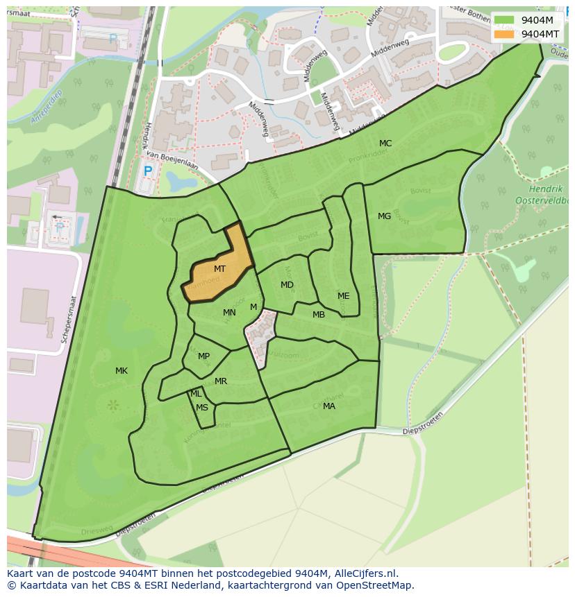 Afbeelding van het postcodegebied 9404 MT op de kaart.