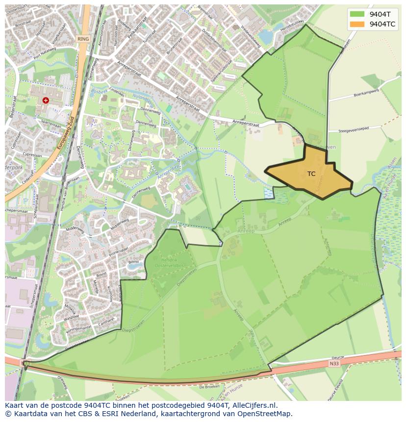 Afbeelding van het postcodegebied 9404 TC op de kaart.