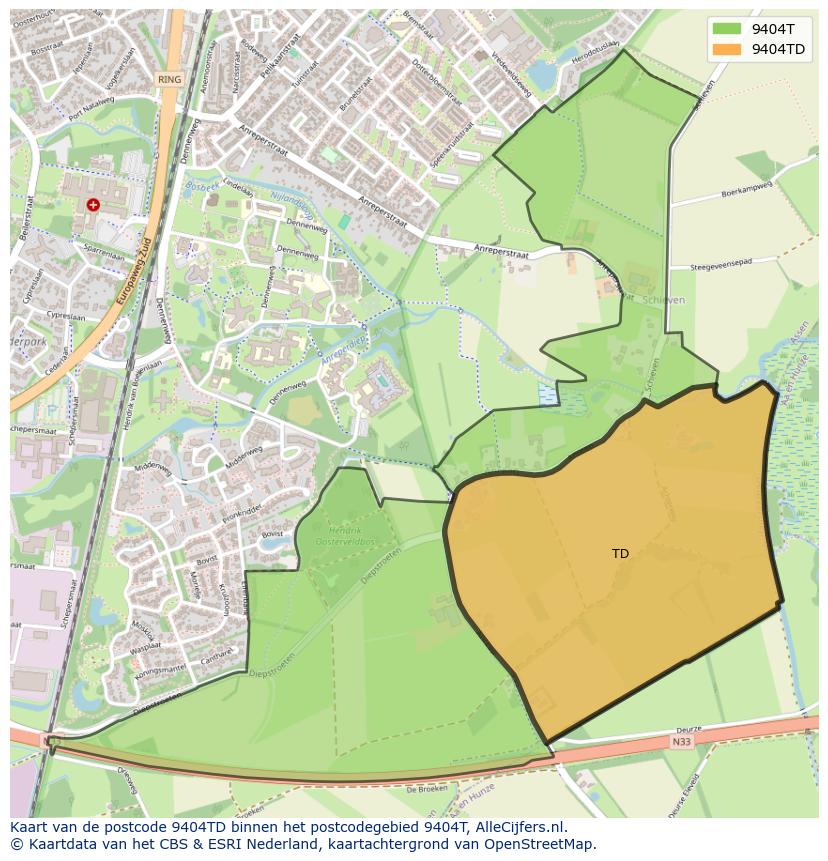 Afbeelding van het postcodegebied 9404 TD op de kaart.