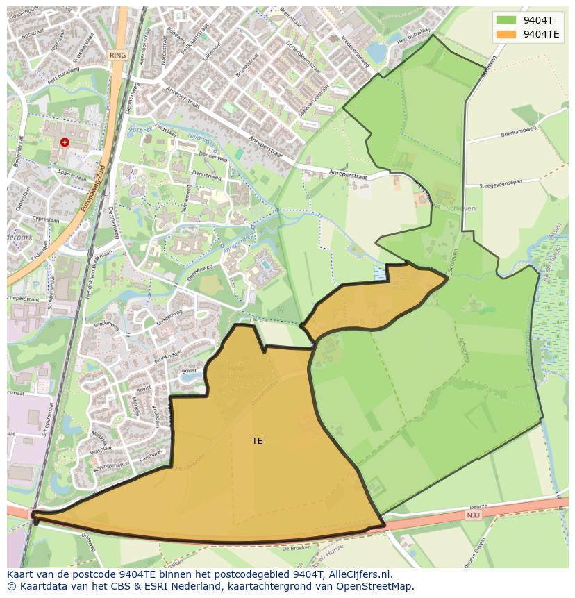 Afbeelding van het postcodegebied 9404 TE op de kaart.
