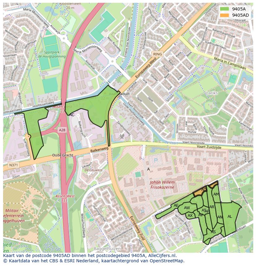 Afbeelding van het postcodegebied 9405 AD op de kaart.