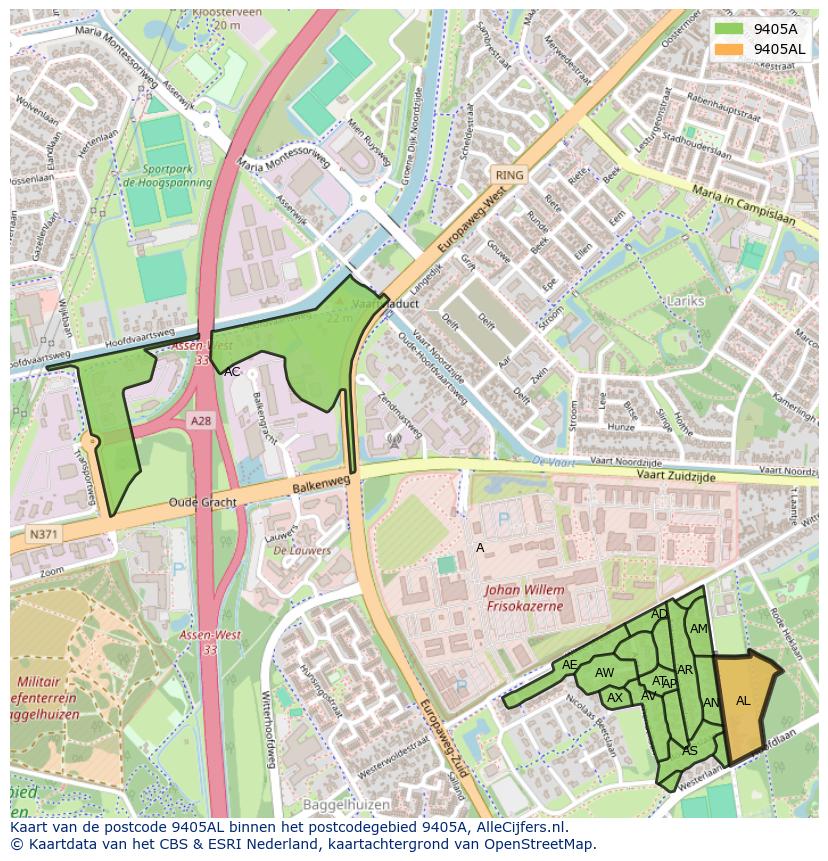Afbeelding van het postcodegebied 9405 AL op de kaart.