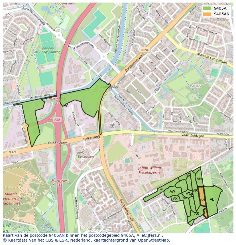 Afbeelding van het postcodegebied 9405 AN op de kaart.
