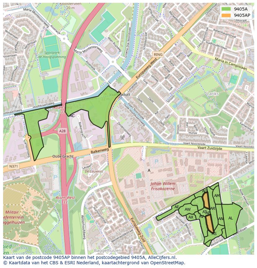 Afbeelding van het postcodegebied 9405 AP op de kaart.