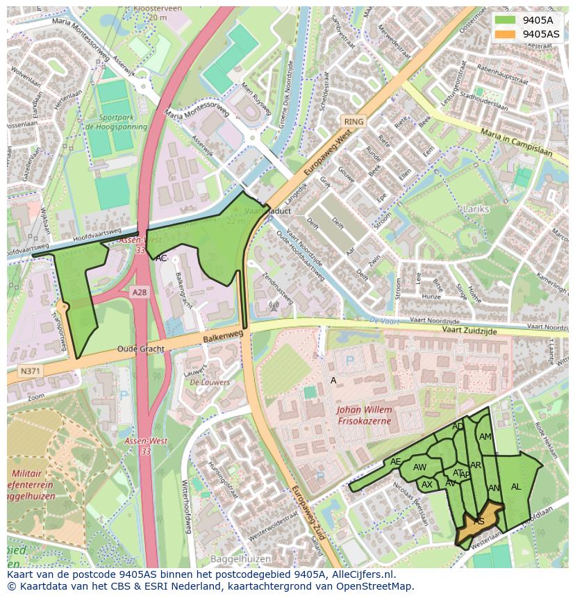 Afbeelding van het postcodegebied 9405 AS op de kaart.