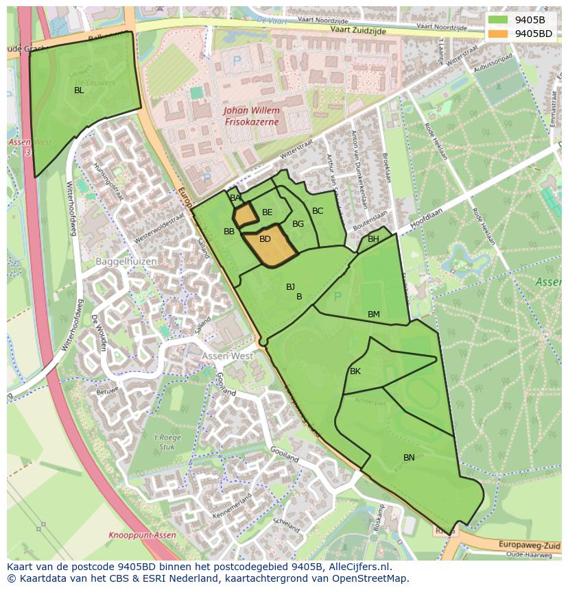Afbeelding van het postcodegebied 9405 BD op de kaart.