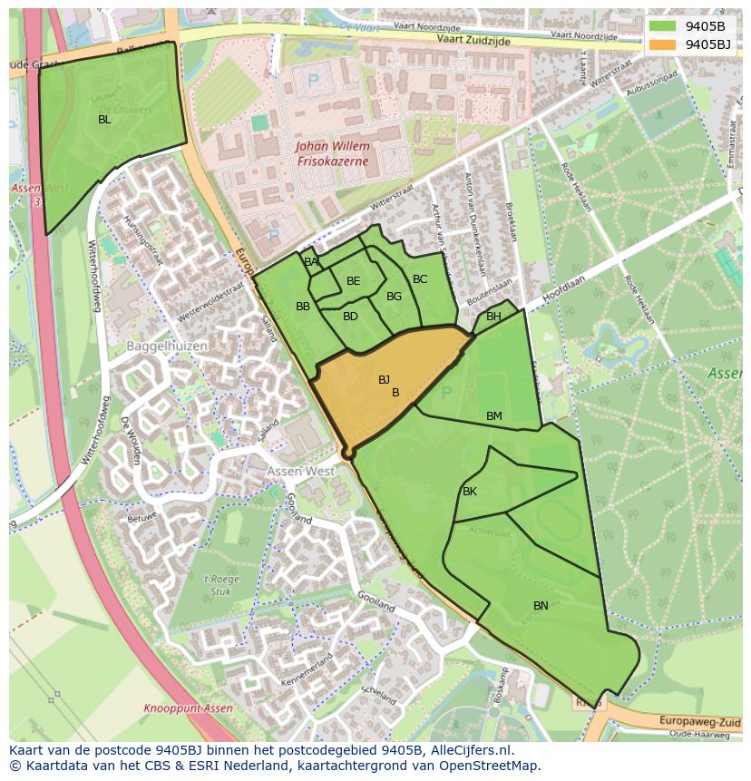 Afbeelding van het postcodegebied 9405 BJ op de kaart.