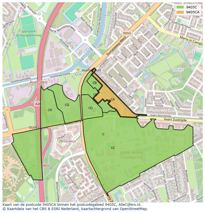Afbeelding van het postcodegebied 9405 CA op de kaart.