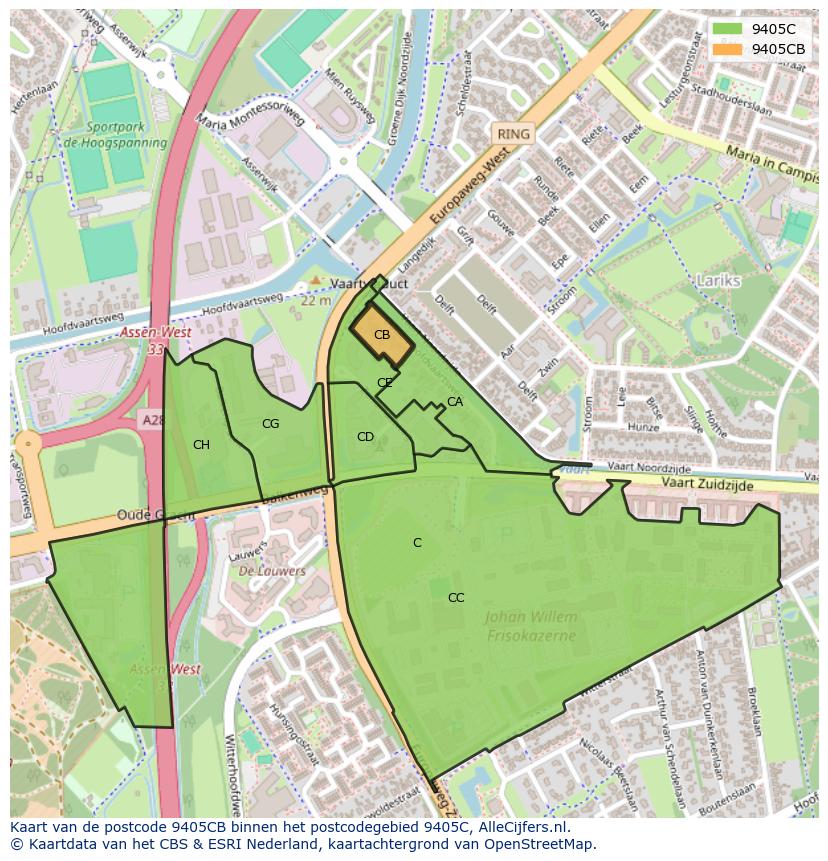 Afbeelding van het postcodegebied 9405 CB op de kaart.