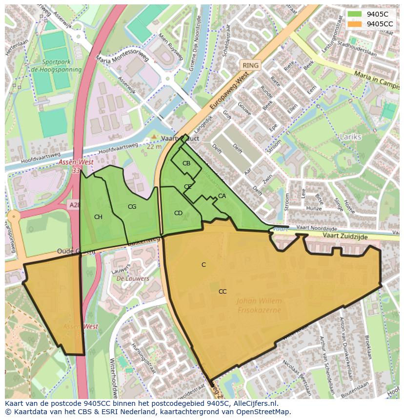 Afbeelding van het postcodegebied 9405 CC op de kaart.