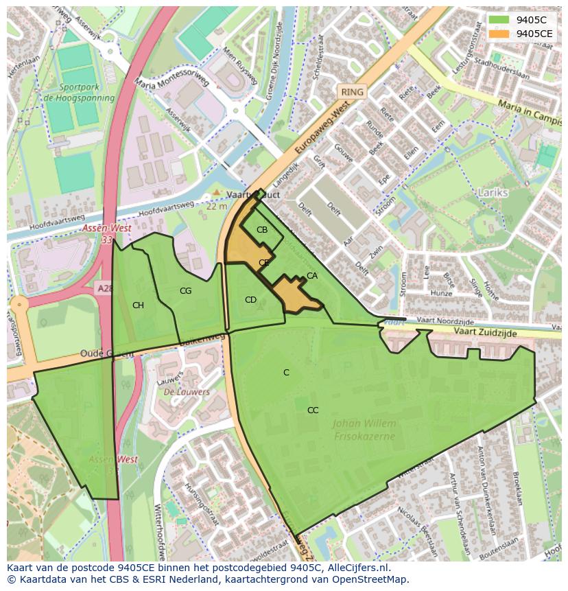 Afbeelding van het postcodegebied 9405 CE op de kaart.