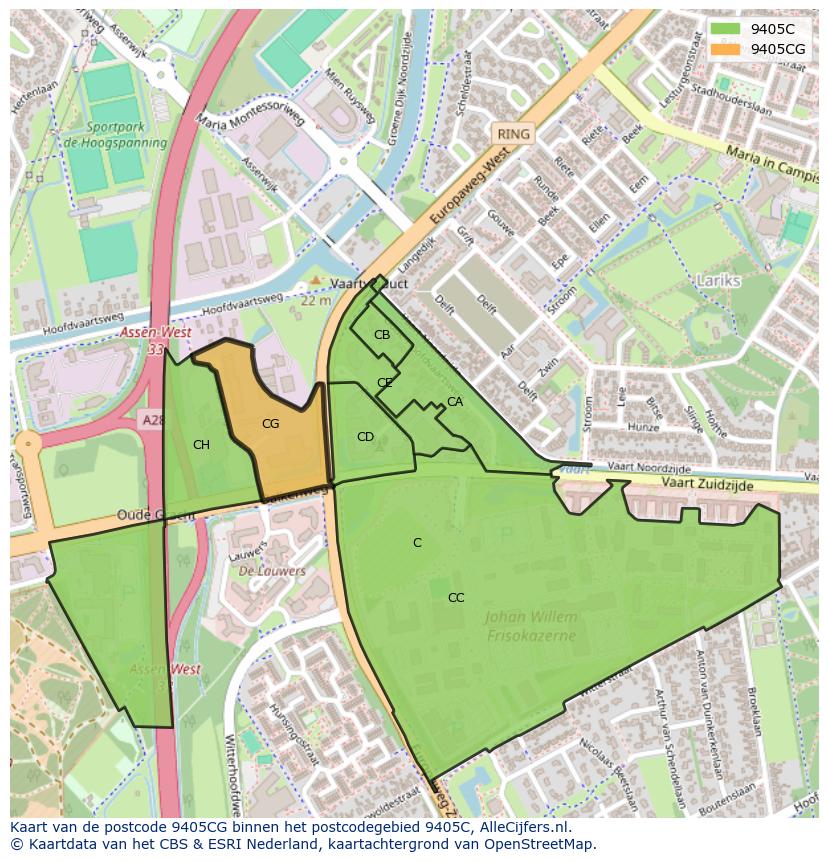 Afbeelding van het postcodegebied 9405 CG op de kaart.