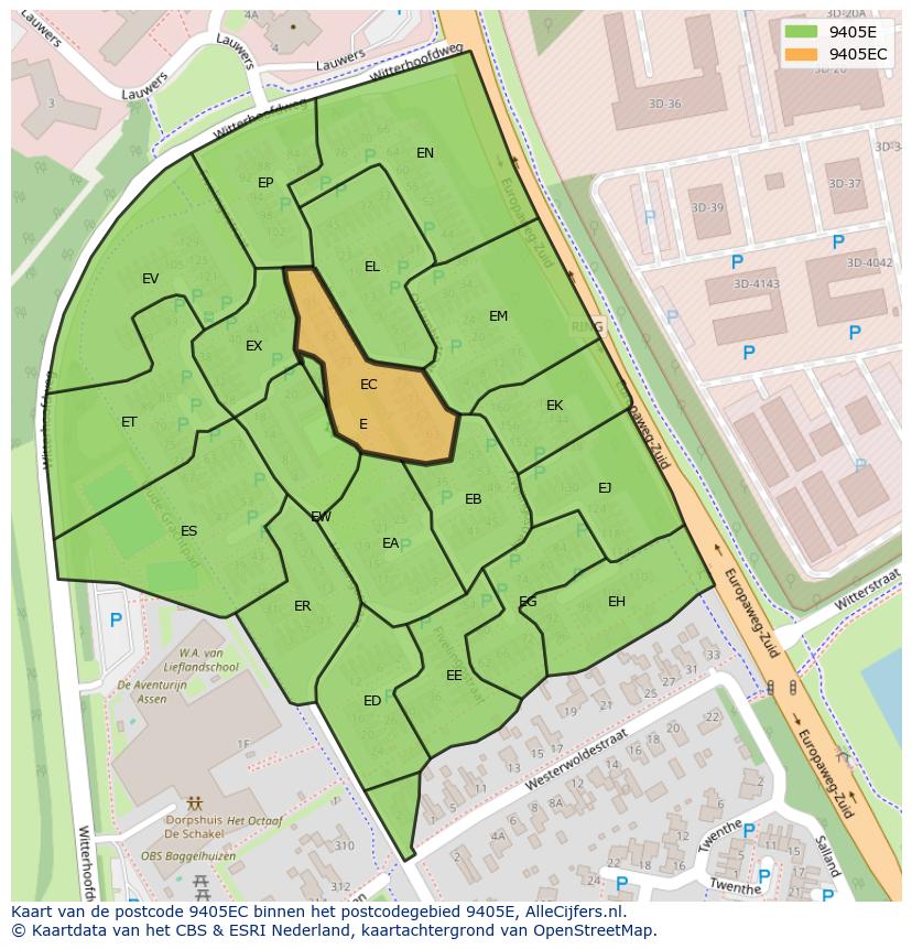 Afbeelding van het postcodegebied 9405 EC op de kaart.