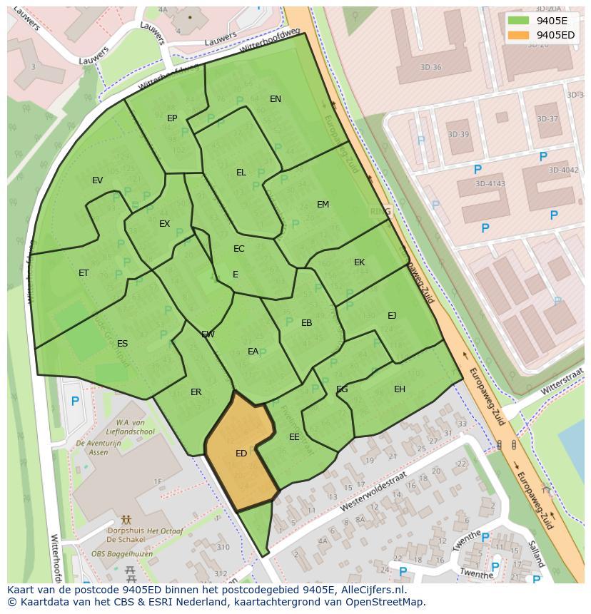 Afbeelding van het postcodegebied 9405 ED op de kaart.