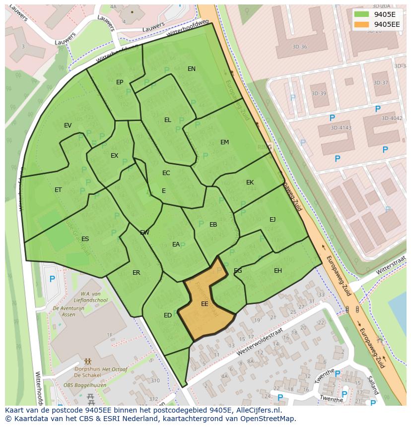 Afbeelding van het postcodegebied 9405 EE op de kaart.