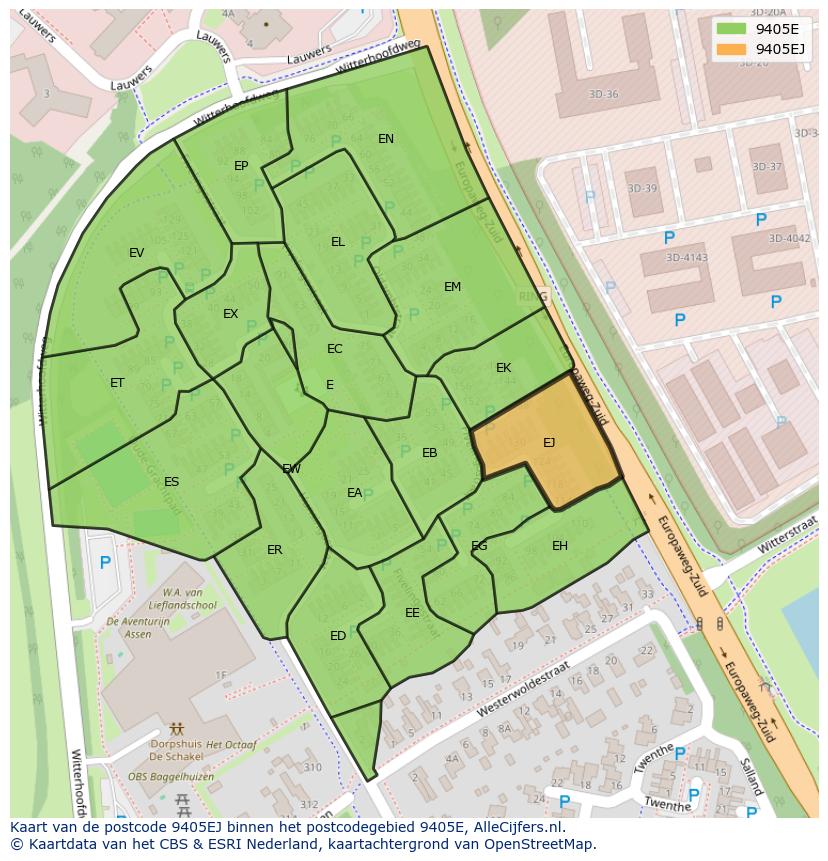 Afbeelding van het postcodegebied 9405 EJ op de kaart.