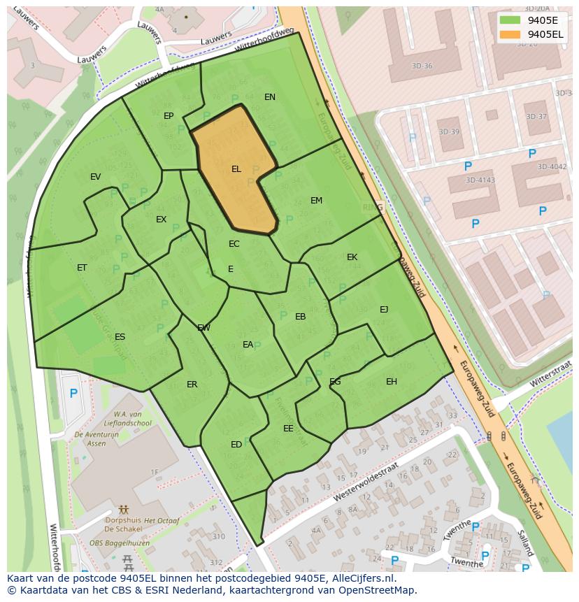 Afbeelding van het postcodegebied 9405 EL op de kaart.