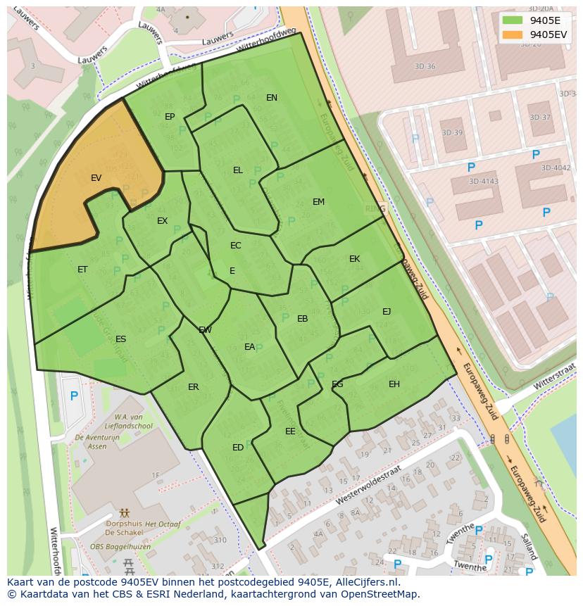 Afbeelding van het postcodegebied 9405 EV op de kaart.