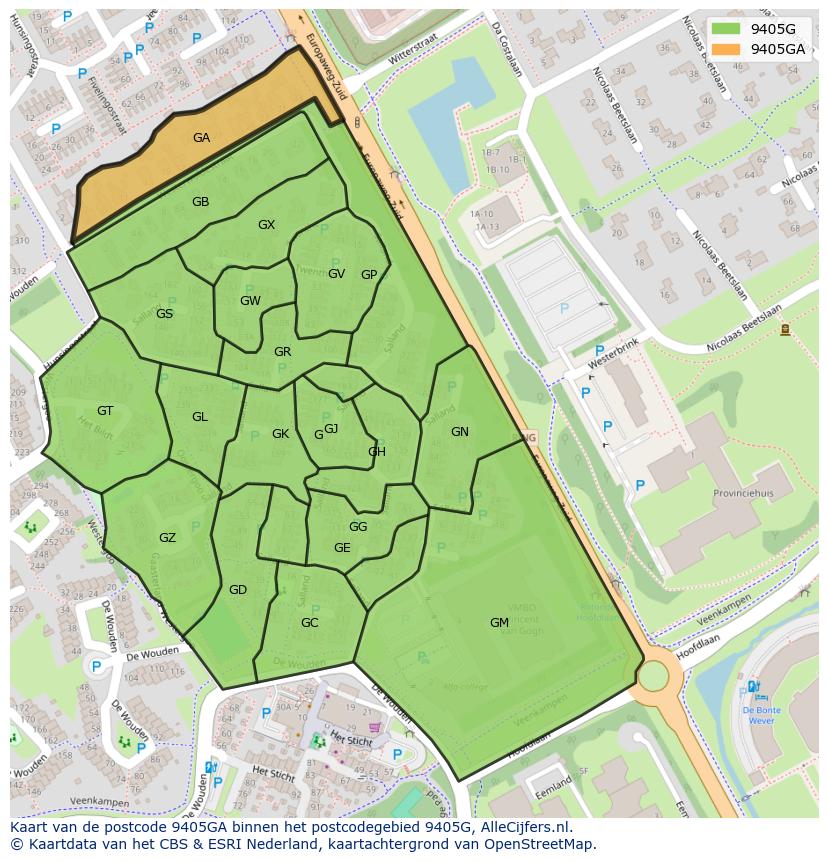 Afbeelding van het postcodegebied 9405 GA op de kaart.