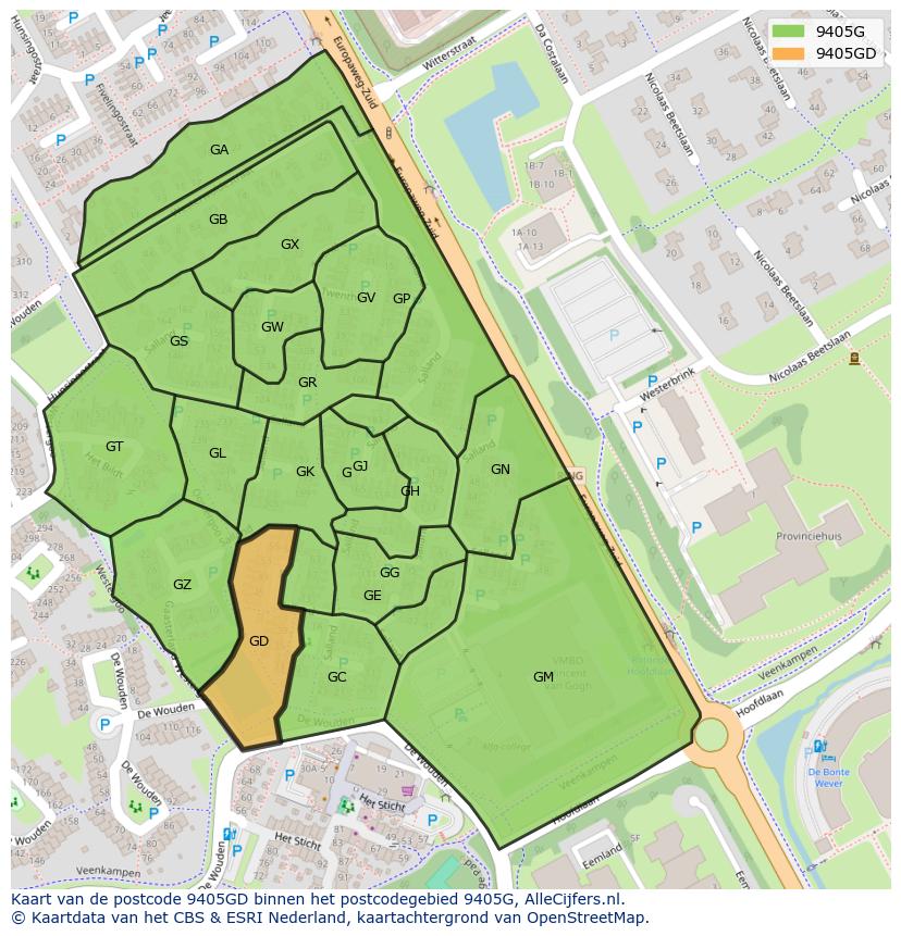 Afbeelding van het postcodegebied 9405 GD op de kaart.