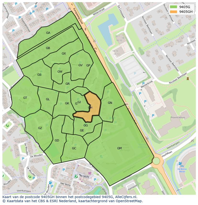 Afbeelding van het postcodegebied 9405 GH op de kaart.