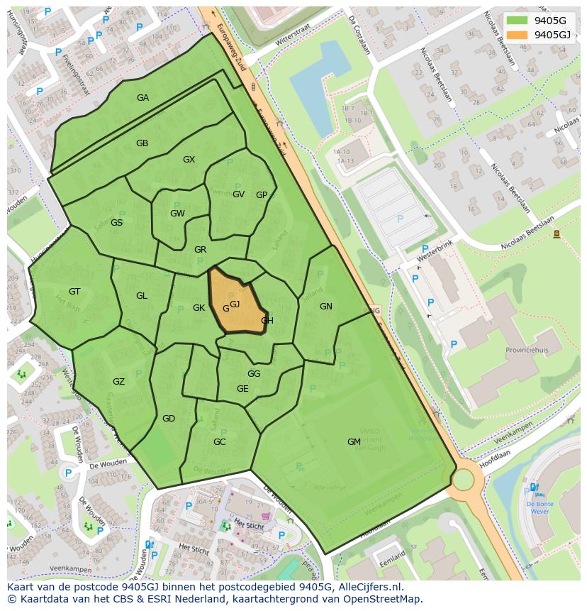 Afbeelding van het postcodegebied 9405 GJ op de kaart.