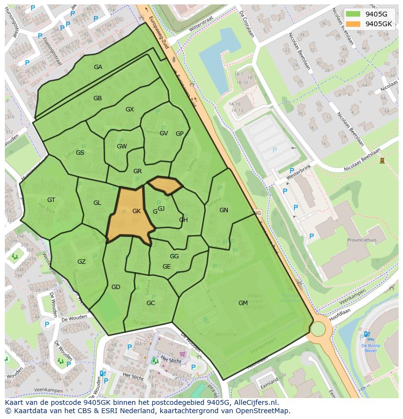 Afbeelding van het postcodegebied 9405 GK op de kaart.