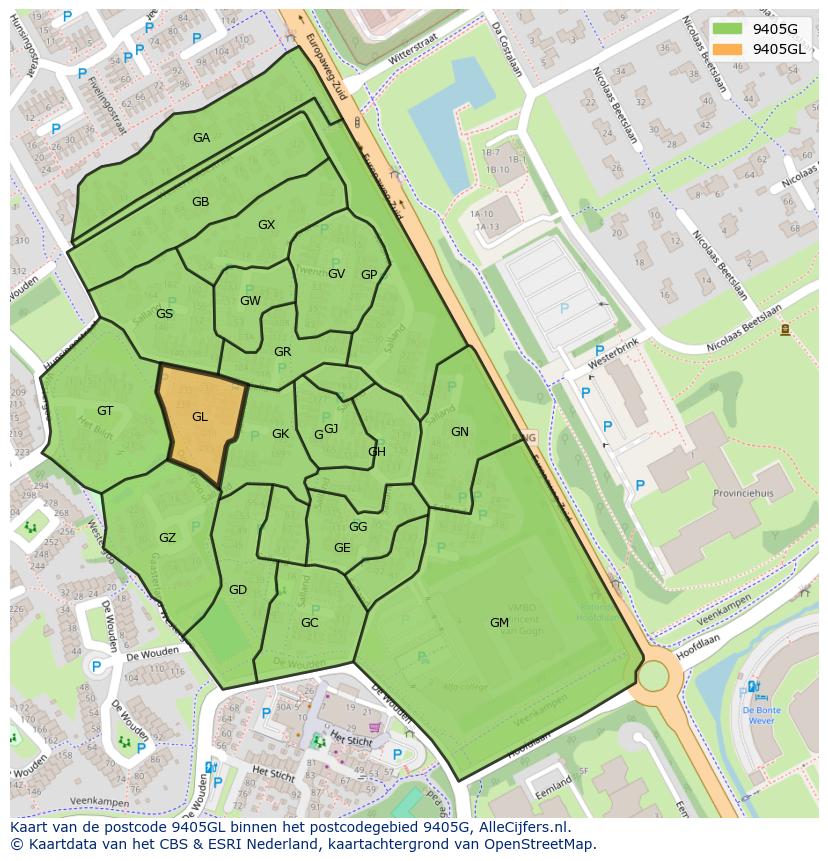 Afbeelding van het postcodegebied 9405 GL op de kaart.